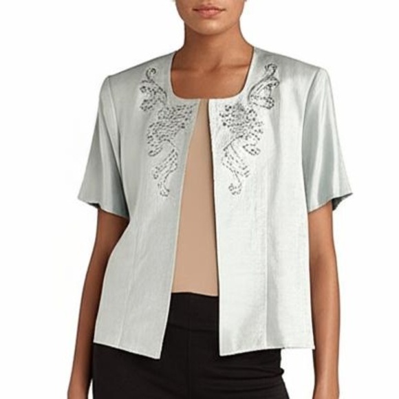 Jessica Howard Cardigan 16 Light Teal Beaded Sequin Open Front Short Sleeve Glam - Picture 1 of 9